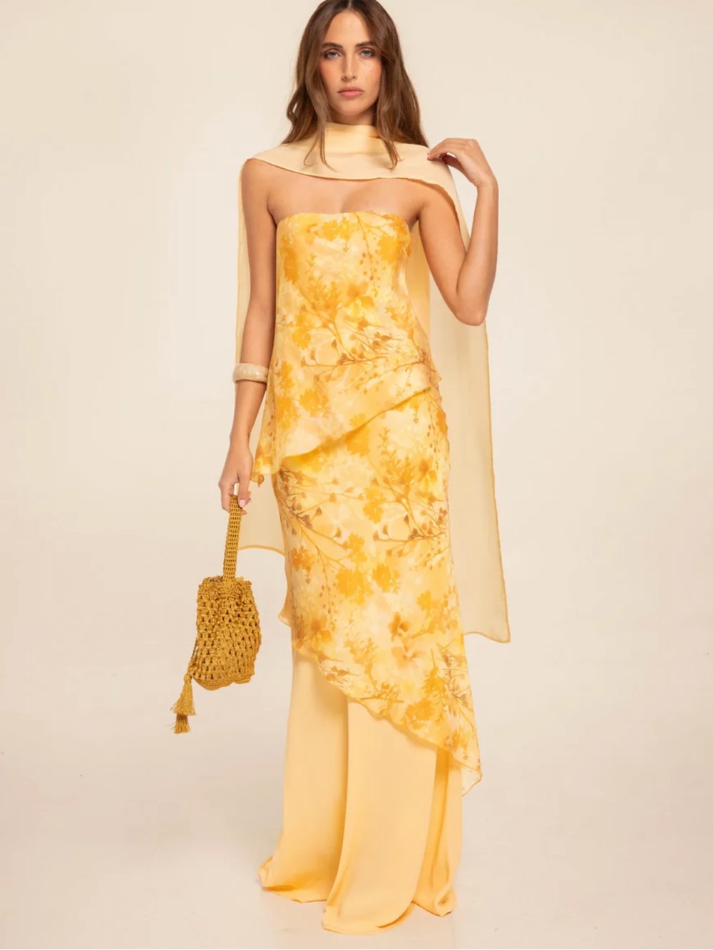 Strapless Yellow Floral Asymmetric Evening Gown